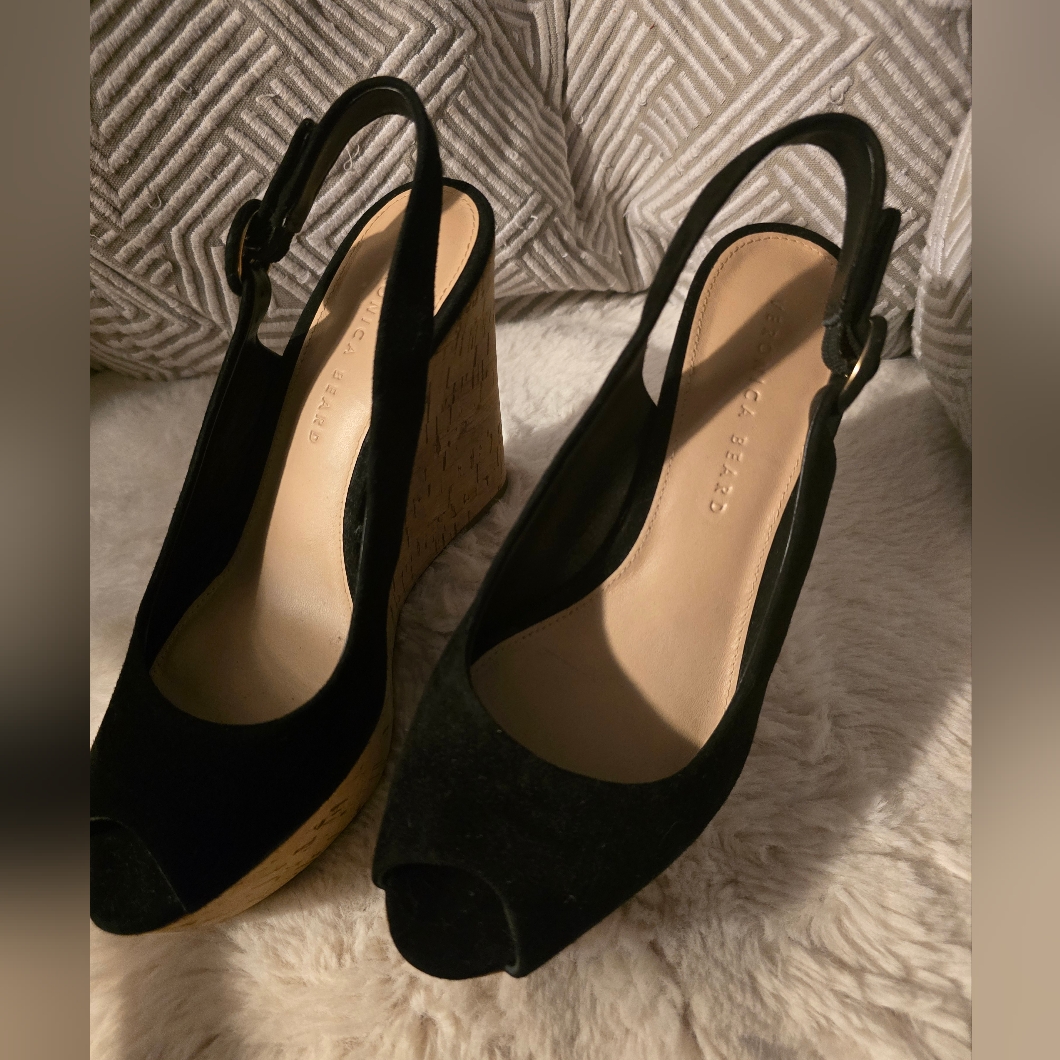 Veronica Bird Black Suede Upper,Cork Platform. 7.5 Sandals, Nw